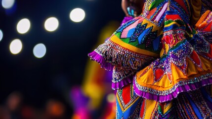 Fototapeta premium Close-up of an Ecuadorian dancer's vibrant costume, showcasing intricate beadwork and fabric