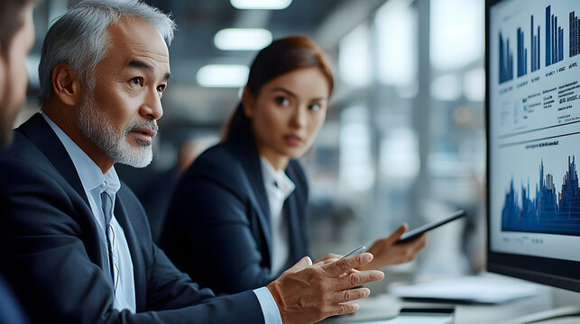 A Businessman Discussing Financial Data with Colleagues, Analyzing Charts and Graphs on a Computer Monitor in a Modern Office Setting.