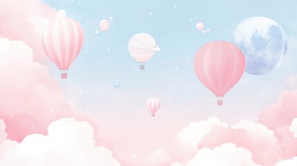 Whimsical hot air balloons float among clouds and planets in a dreamy pastel sky, AI