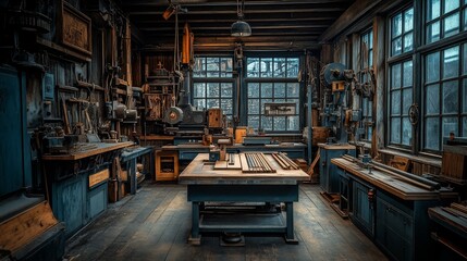 Obraz premium A Cluttered Workshop Filled with Tools and Supplies