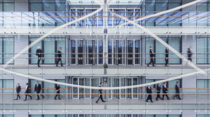 A dynamic scene of diverse professionals walking through a modern office building, showcasing collaboration and productivity in a glass architecture.