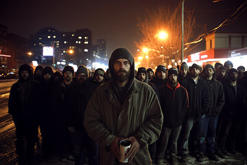 Obraz premium Homeless Man Standing in Line at Night with Group in Urban Street Setting