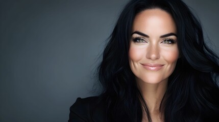 Obraz premium europejska kobieta, długie faliste czarne włosy, zbliżenie, piękna, uśmiechnięta, wyrazisty makijaż, tło, modelka, artystyczny makijaż, patrząca w kamerę, śmiech, portret, radosna, stylowa, wyrazista,