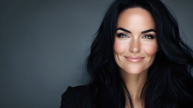 europejska kobieta, długie faliste czarne włosy, zbliżenie, piękna, uśmiechnięta, wyrazisty makijaż, tło, modelka, artystyczny makijaż, patrząca w kamerę, śmiech, portret, radosna, stylowa, wyrazista,