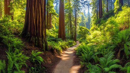 Obraz premium Sunlight Illuminates Path Through Lush Redwood Forest with Ferns on Either Side