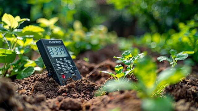 Close-up of fresh soil with a digital thermometer, emphasizing gardening and agricultural technology.