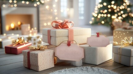 Christmas sale discount limited-time exclusive. A cozy scene featuring beautifully wrapped Christmas presents near a glowing fireplace and a decorated tree, evoking holiday warmth and joy.
