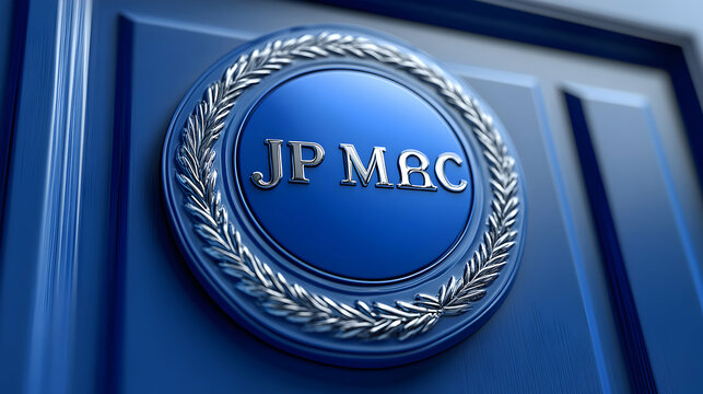 A 3D Render of a Blue Door with a Silver Circular Emblem Featuring the Letters 'JP MBC' Surrounded by a Laurel Wreath