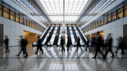 A dynamic scene of diverse professionals navigating an upscale corporate lobby with escalators, showcasing motion and modern architecture.