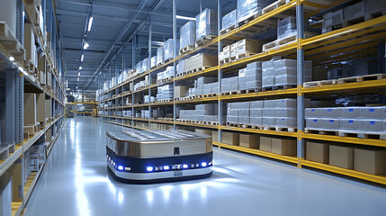 Fototapeta premium Automated Guided Vehicle Navigates Modern Warehouse Aisles, Transporting Goods Efficiently Across Storage Racks.