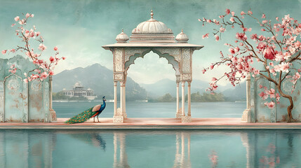 A Peacock Stands Proudly by a Serene Pool with a Stone Archway and Pink Blossoms Framing the View of Lush Green Hills and a Tranquil Lake in the Background