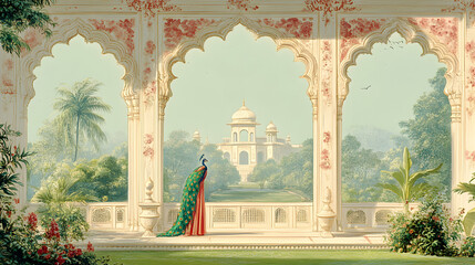 A Peacock Standing on a Terrace with Ornate Arched Windows Looking Out at a Lush Garden and a White Palace in the Distance