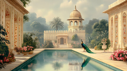 A Majestic Peacock Stands Proudly by a Tranquil Pool in a Luxurious Palace Garden, the Rich Colors and Intricate Details Evoking a Sense of Grandeur and Serenity