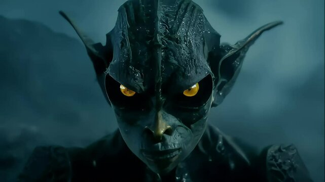 A close-up shot of a mythical creature with glowing eyes.