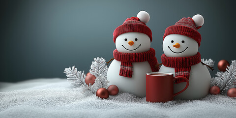 Two happy snowmen enjoying a cup of hot cocoa on a snowy winter day. Perfect for Christmas, winter, and holiday themes.