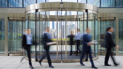 A dynamic scene featuring diverse professionals, both male and female, entering and exiting a modern glass revolving door in a bustling urban environment.