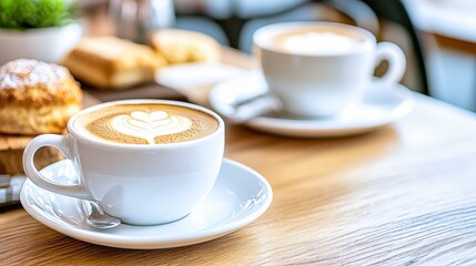 Fototapeta premium Enjoying a cozy morning with latte art and fresh pastries in a sunlit cafe