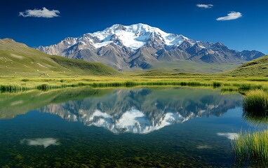 Majestic snow-capped mountain reflected in a serene alpine lake under a vibrant blue sky.