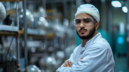 Fototapeta premium Focused Industrial Worker with Crossed Arms in Factory Setting