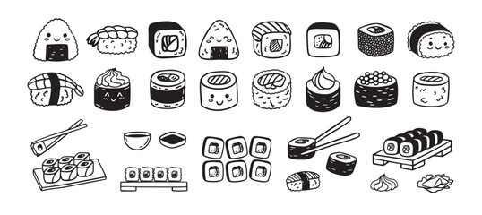 Sushi funny doodle set. Japanese hand drawn Food Sketch Icons. Kawaii drawing