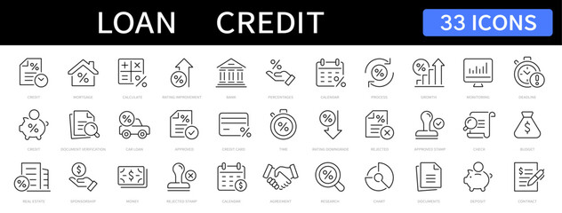 Loan and Credit thin line icons set. Mortgage, credit rating, calculator editable stroke icon. Vector