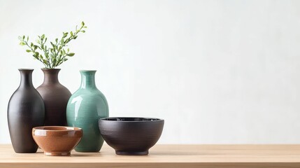 Handmade Ceramics concept. A serene arrangement of decorative vases and bowls on a wooden surface, accentuated by greenery, creating a minimalist aesthetic.