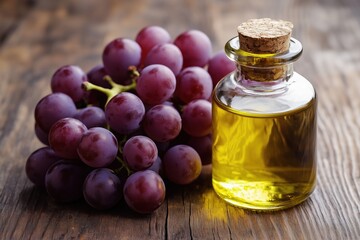 Grape seed oil in small bottle and bunch of grapes together.