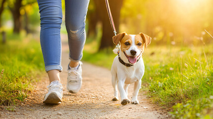 A person smiling as they walk their dog along a trail, both enjoying the fresh air and nature.
