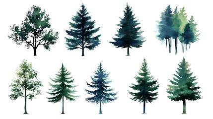 Obraz premium Watercolor Illustration of a Collection of Green Trees with White Background