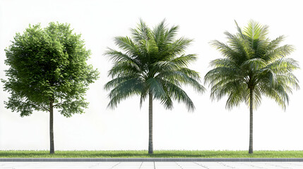 Obraz premium 3D Render of Three Trees Standing Tall Against a White Background with Grass and Pavement in Front