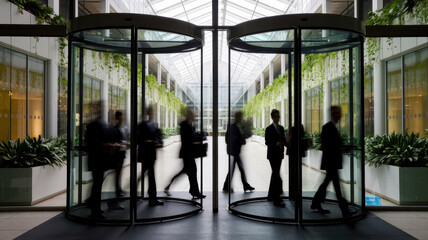A blurred group of professional individuals in suits exiting a revolving door, showcasing a modern office atrium with lush greenery.