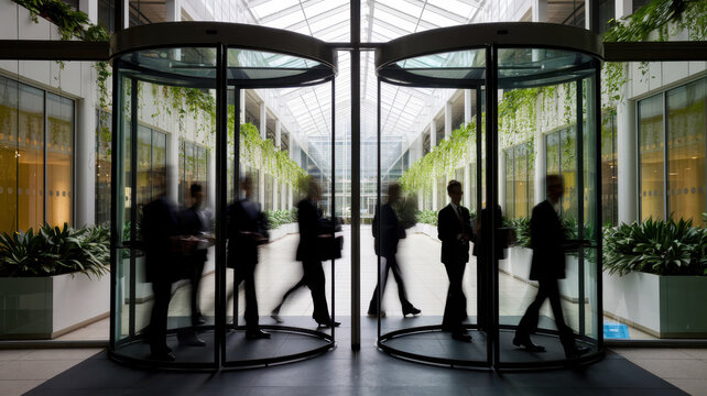 A blurred group of professional individuals in suits exiting a revolving door, showcasing a modern office atrium with lush greenery.
