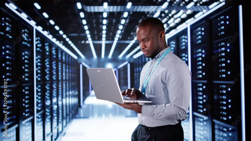 Aufkleber happy engineer in data center server room configuring ai