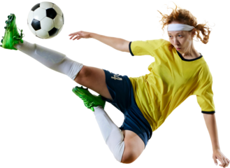 Female soccer player, airborne and fully extended, delivering powerful strike at ball against transparent background. Concept of sport, competition, tournament, games, event.