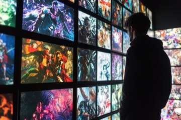 NFT comic book collection, digital art collectibles displayed on screens