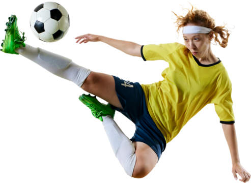 Female soccer player, airborne and fully extended, delivering powerful strike at ball against transparent background. Concept of sport, competition, tournament, games, event.