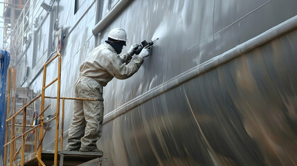 Worker sprays painting on a large vessel's hull during maintenance, wearing protective gear on scaffolding.