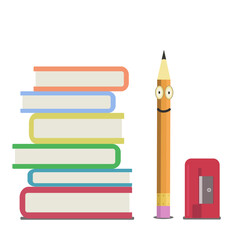 a stack of books and a pencil with an elastic band on the end and a sharpener