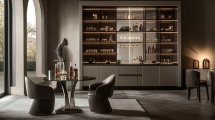 Modern shelf cabinet in a designer apartment displaying souvenirs, figurines, and barware, complemented by a glass table and stylish chairs.