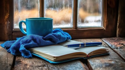 Cozy winter scene blue mug, notebook, pen, scarf by window.