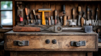 A Hammer Resting on a Wooden Workbench in a Workshop