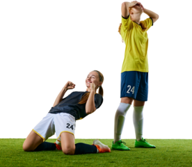 Young female soccer players, one kneeling and celebrating joyfully, other standing with hands on head, both reacting to critical moment in game against transparent background Concept of competition