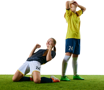 Young female soccer players, one kneeling and celebrating joyfully, other standing with hands on head, both reacting to critical moment in game against transparent background Concept of competition - Powered by Adobe