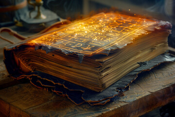 An ancient, weathered book bound in cracked leather, its pages filled with arcane symbols and forbidden knowledge glowing with an otherworldly light.