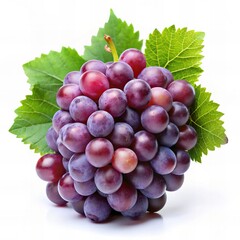 Fototapeta premium Fresh Purple Grapes with Green Leaves on a White Background 