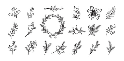 Christmas plant decoration doodle set. Simple hand drawn decor for a festive Christmas and New Years.