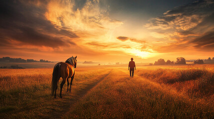 Naklejka premium A person walking with their horse through a field, both enjoying the freedom and serenity of the wide open space.