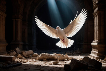 Beautiful illustration of a white dove bird enlightened by a dim of light against a dark ancient stone rchway temple ruins. Christianity Holy Spirit religious faith, peace and love concept.	