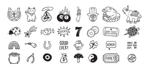 Good Luck doodle Symbols Set. Hand drawn lucky icons. Asian talismans and charms outline set.