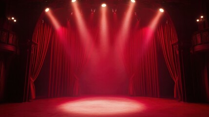 Magic theater stage with red curtains and spotlight effects